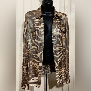 Vintage Cache Y2K Metallic Gold Animal-Print Jean Shirt Jacket SZ M EUC!